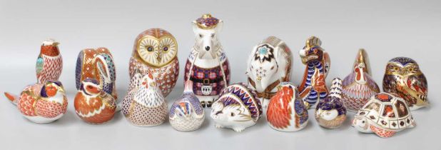 Royal Crown Derby Imari Paperweights, including Farmyard Hen and Farmyard Cock, owls, elephant,