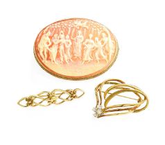 A Cameo Brooch, the oval shell cameo in 9 carat yellow gold rope twist frame, measures 5.3cm by 4.