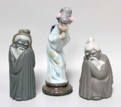 A Lladro Figure of a Japanese Woman, 26cm high; together with two further Lladro figures of