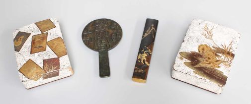 Two Japanese Meiji Period Lacquer Boxes, a Japanese metal inlaid lacquer chop stick holder and small