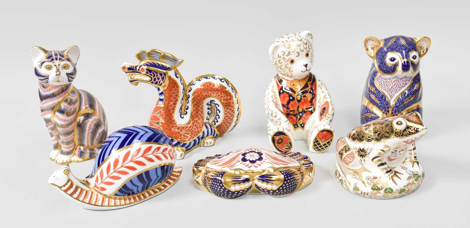 Seven Royal Crown Derby Imari Paperweights (7) Bear, crab and frog with silver stoppers, the rest