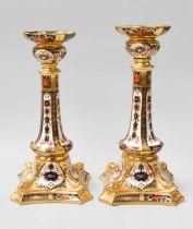 A Near Pair of Royal Crown Derby Imari Pattern Candlesticks numbered 1128 27cm - Good condition 26.