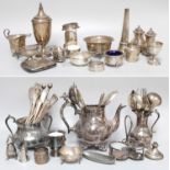 Silver Including, cigarette case, caster, bowl, tea strainer, condiments etc, and a group of