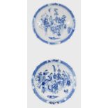 A Pair of Chinese Porcelain "Ladies" Chargers, Qing dynasty, painted in underglaze blue with figures