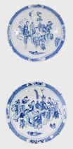 A Pair of Chinese Porcelain "Ladies" Chargers, Qing dynasty, painted in underglaze blue with figures