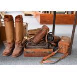 A Pair of Leather and Canvas WW1 Period Riding Boots, together with leather cartridge bags, breif