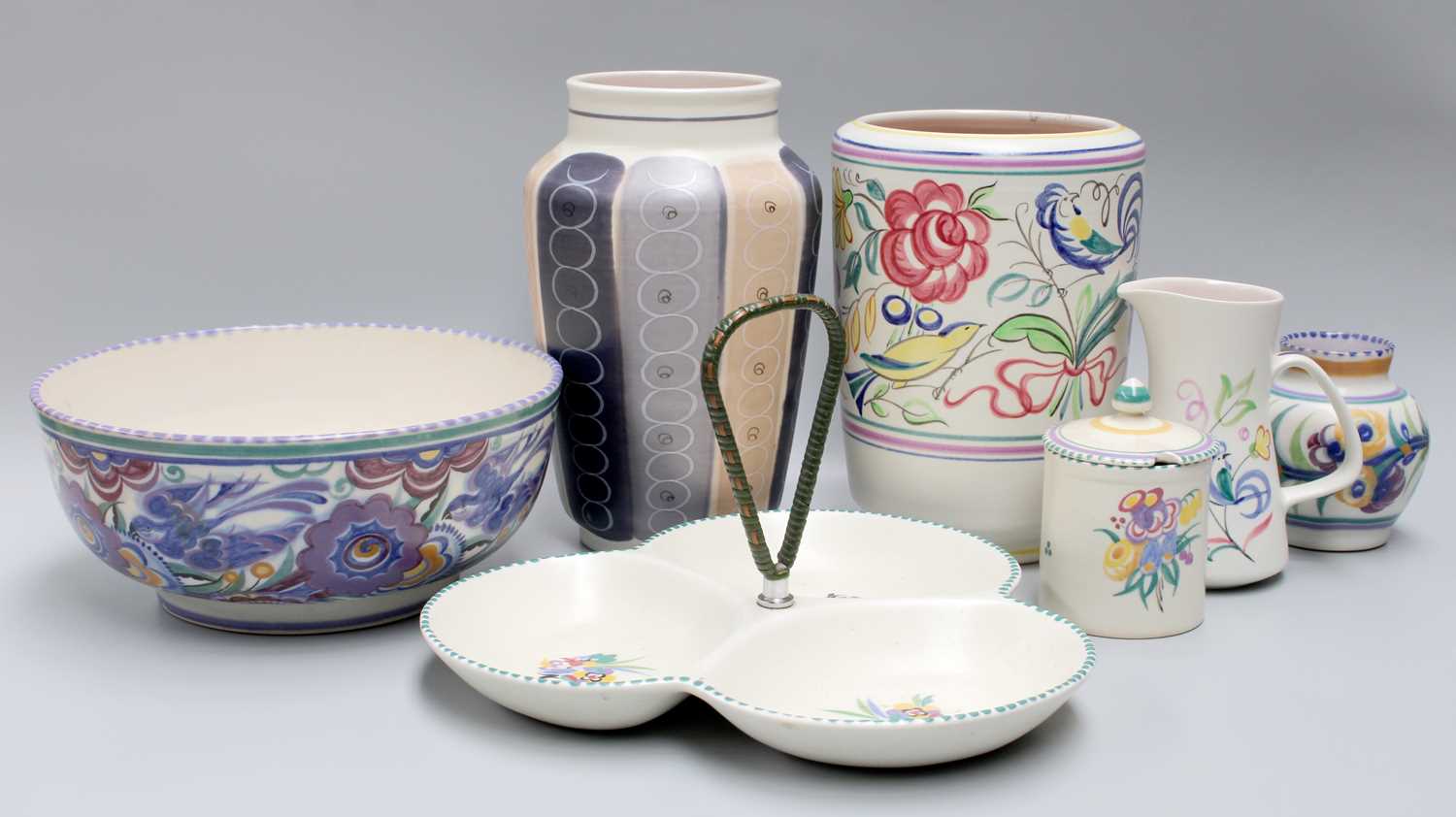 Two Trays of Poole Pottery, including a coffee set, vases, hors d'ouvres dish, preserve pot, jug, - Image 3 of 3