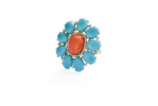 A Coral, Turquoise and Diamond Cluster Ring, the oval cabochon coral within a border of eight-cut
