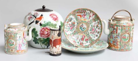 20th Century Chinese Ceramics, including two Canton famile rose tea pots, a jar painted with bird