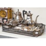 A Large Galleried Silver Plated Tray, a five piece silver plated tea service and a group of silver