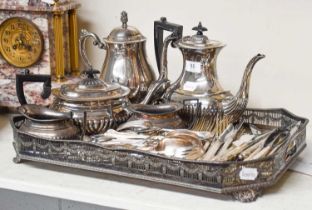 A Large Galleried Silver Plated Tray, a five piece silver plated tea service and a group of silver