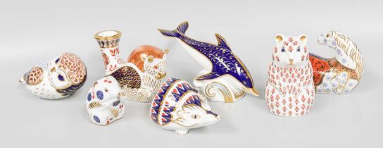 Seven Royal Crown Derby Imari Animal Paperweights (7) Hamster silver stopper, Dolphin and