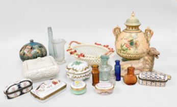 A Royal Worcester Blush Ivory Vase and Cover, Royal Dux ceramic dog, Belleek basket, Herend dish and