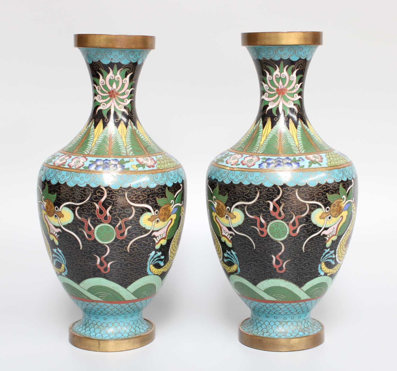A Pair of 20th Century Japanese Cloisonne Vases, decorated with dragons, 24cm high Please note