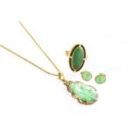 A Jade and Diamond Pendant on Chain, the irregular shaped carved and pierced jade plaque with an