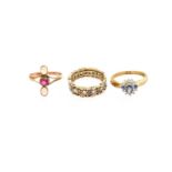 A 9 Carat Gold Sapphire and Diamond Cluster Ring, finger size M; An Opal and Synthetic Ruby Ring,