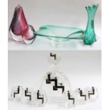 A Group of 20th Century Glass, including Swedish Gullaskruf cased glass vases, Murano dish, Art Deco