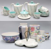 Two Trays of Poole Pottery, including a coffee set, vases, hors d'ouvres dish, preserve pot, jug,