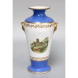 A Kerr and Bins Worcester Vase, with twin moulded mask handles, cream ground painted with named