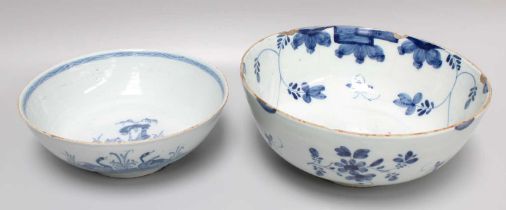 Two English Delft Bowls, 18th century, one decorated with a contunual river landscape with a