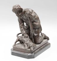 A Spelter Model of a Huntsman and Hound, possibly German, on marble base, indistinctly signed,