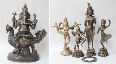 A Group of Indian/South East Asian Bronze Deities (one tray) Ganesh halo loose from figure but