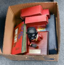 Hornby M1 Trian Set and 4 Wagons (all boxed) and cast money box and albums of vintage postcards