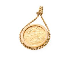 A 1912 Half Sovereign Pendant, length 3.8cm Mount hallmarked 9 carat gold. Gross weight 5.6 grams.