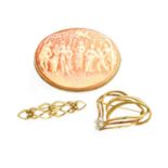 A Cameo Brooch, the oval shell cameo in 9 carat yellow gold rope twist frame, measures 5.3cm by 4.