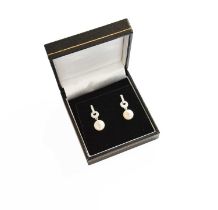 A Pair of 9 Carat White Gold Cultured Pearl and Diamond Drop Earrings, a row of round brilliant