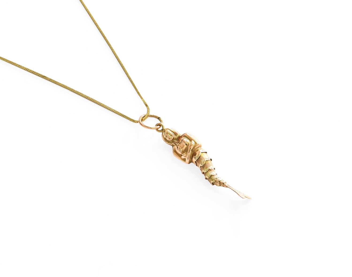 A 9 Carat Gold Articulated Mermaid Pendant on Chain, pendant length 4.1cm, chain length 40cm Mermaid