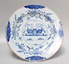 An 18th Century English Delft Charger, possibly Liverpool, 30.5cm diameter Usual glaze chips to