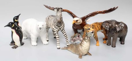 Beswick Wild Animals, including, penguin pair and polar bear Tiger and zebra crazed Elephant with