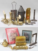 A Collection of 18th Century and Later Metalwares Relating to Lighting, two pressed steel