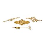 A Sapphire and Split Pearl Bar Brooch, stamped '15CT', length 4.7cm; Two 9 Carat Gold Brooches, of