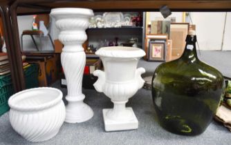 A Victorian Green Glass Bottle, and two pottery planters (3)