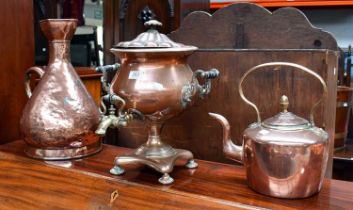 A Large Copper Measure, Stamped Rawson, a William IV copper tea urn, a Victorian large copper