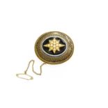 A Banded Agate, Split Pearl and Enamel Brooch, the oval banded agate overlaid with a star motif
