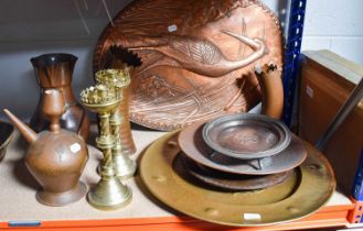 A Pair of Ecclesiastical Brass Candlesticks; two graduated copper trunkated vases, a large brass