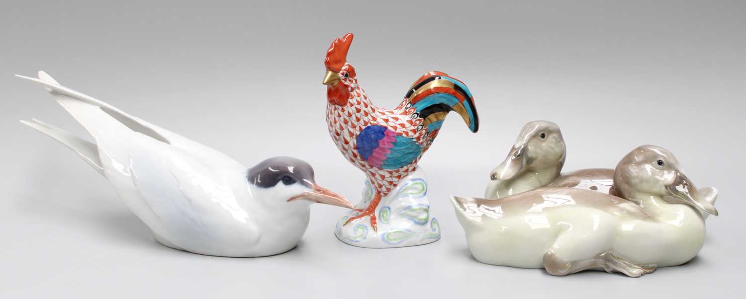 A Herend Model of a Cockerel, 14cm high, together with a Royal Copenhagen model of a Tern, and a