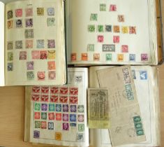 Stamp Accumulation in Large Container, several albums, some vintage incl. large ledger-style album