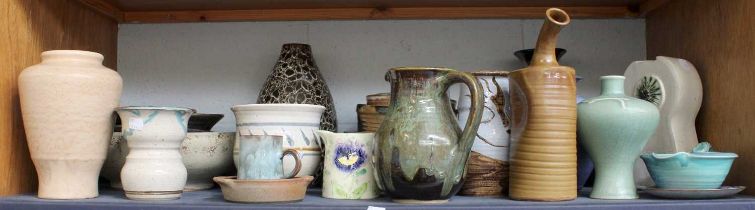 A Shelf and a Box of Studio Pottery, including Bill Connor, Ewenn Wales, Brannam etc.