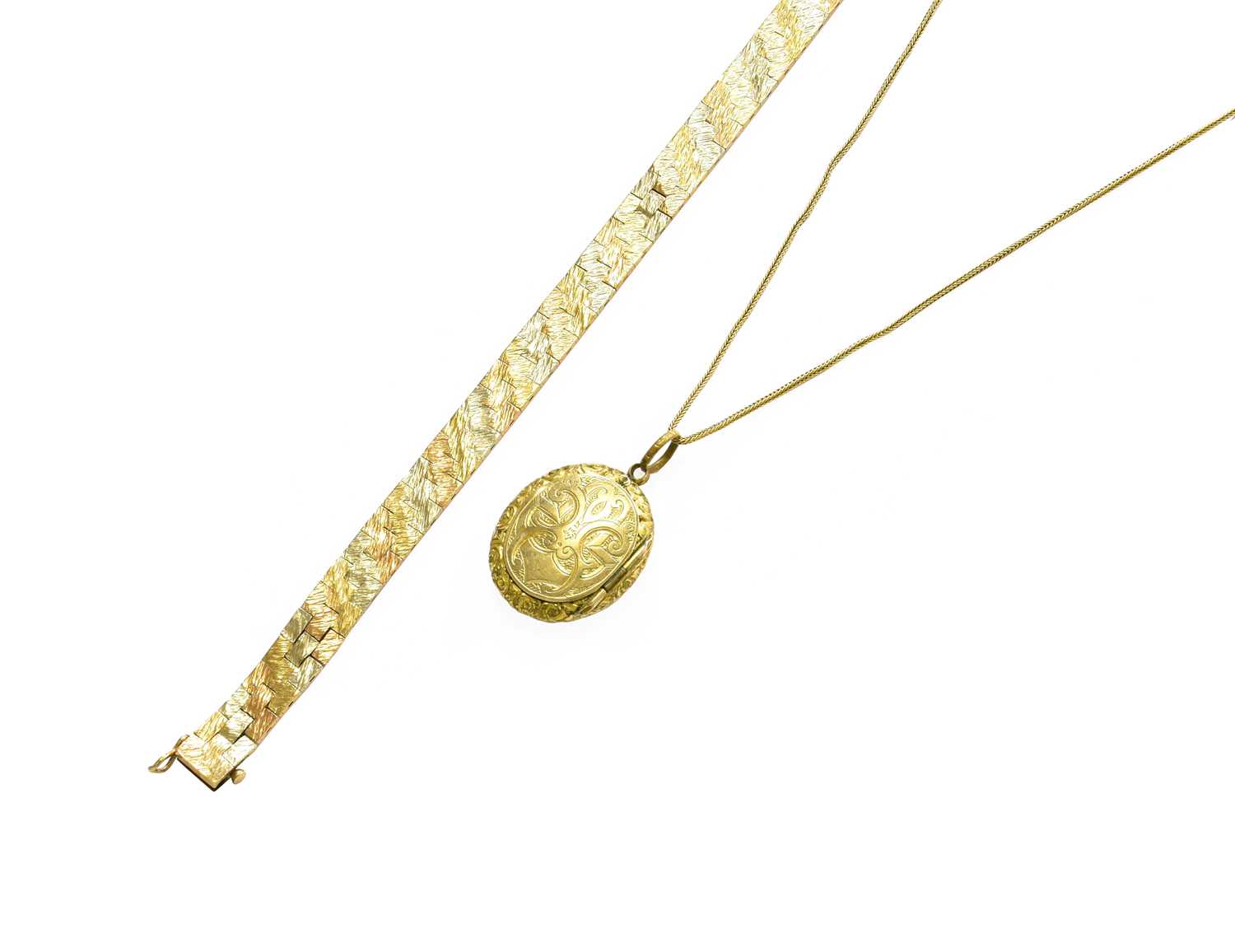 A 9 Carat Tri-Colour Gold Bracelet, length 17.8cm; and A Double Sided Locket on Chain, locket