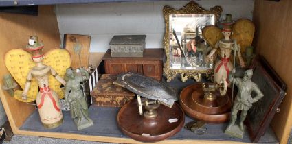 A Shelf of Ornamental Items, including a pair of Nuremberg Folk Art Candlesticks, pair of turned