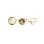 A 9 Carat Gold Cultured Pearl Ring, finger size O1/2; A 9 Carat Gold Blue Zircon Ring, finger size