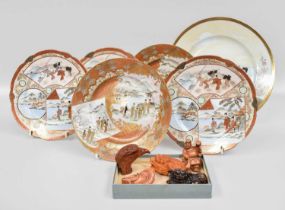 A Pair of Japanese Meiji Period Kutani Porcelain Plates; a set of three Japanese Kutani porcelain