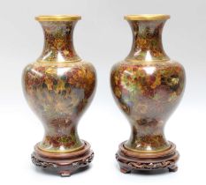 A Pair of 20th Century Cloisonne Vases, of baluster form, decorated wih blossoms on a mottled