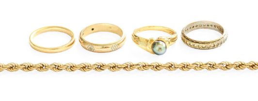 A Small Quantity of Jewellery, comprising of an 18 carat gold band ring, finger size K1/2; a 9 carat