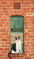 Stuart Walton (b.1933) Cat sitting on a window ledge Signed and dated (19)90, oil on board, 60cm