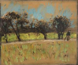 Harold Riley DL, DLitt, FRCS, DFA, ATC (1934-2023) Landscape with figures Pastel, 23cm by 27.5cm (